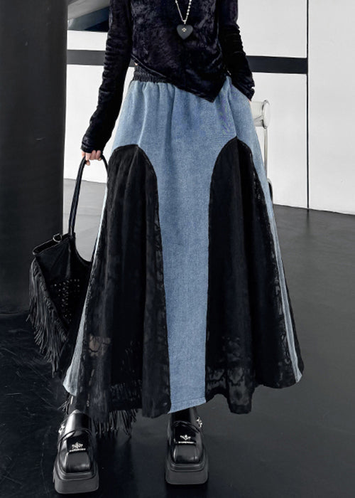 Original Design Schwarzer Jeansrock mit Kordelzug, Taschen, Spitzen-Patchwork und Frühlingsdeko aus Spitze