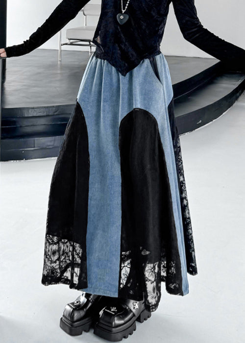 Original Design Schwarzer Jeansrock mit Kordelzug, Taschen, Spitzen-Patchwork und Frühlingsdeko aus Spitze