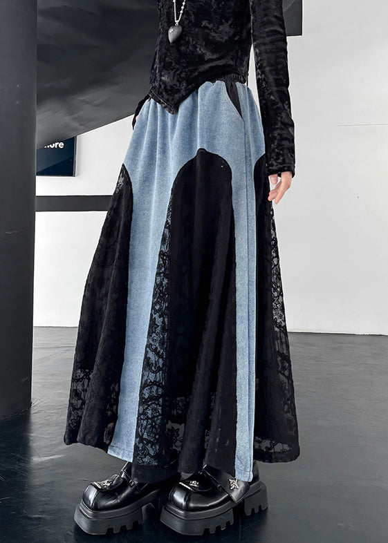 Original Design Schwarzer Jeansrock mit Kordelzug, Taschen, Spitzen-Patchwork und Frühlingsdeko aus Spitze