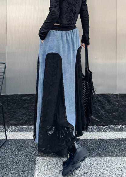 Original Design Schwarzer Jeansrock mit Kordelzug, Taschen, Spitzen-Patchwork und Frühlingsdeko aus Spitze