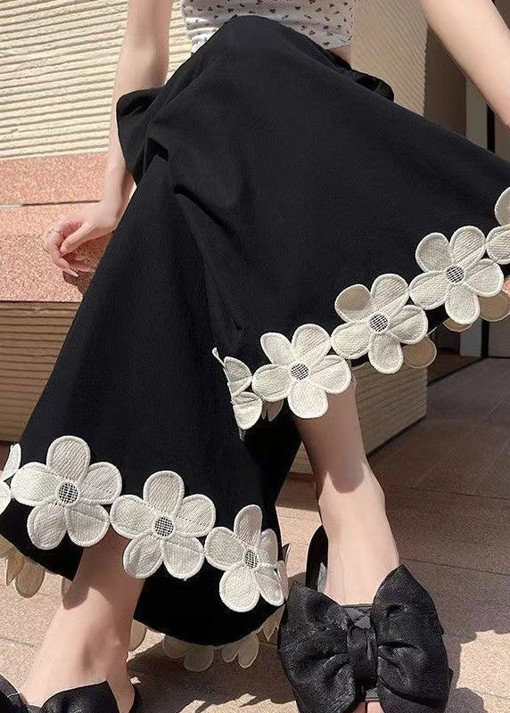 Original Design Black Floral Patchwork Cotton Wide Leg Pants Summer