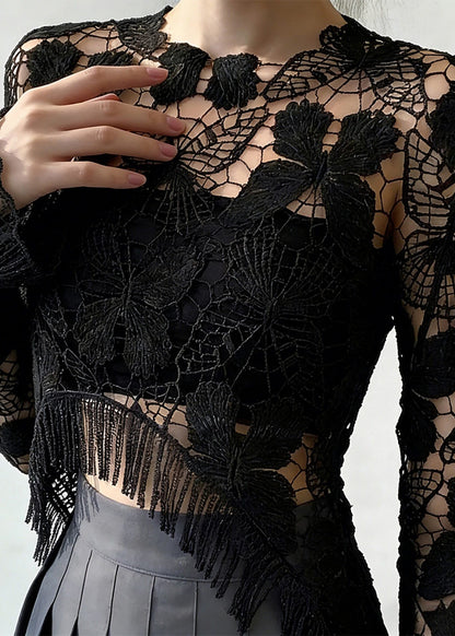 Original Design Black Hollow Out Lace T Shirt Spring