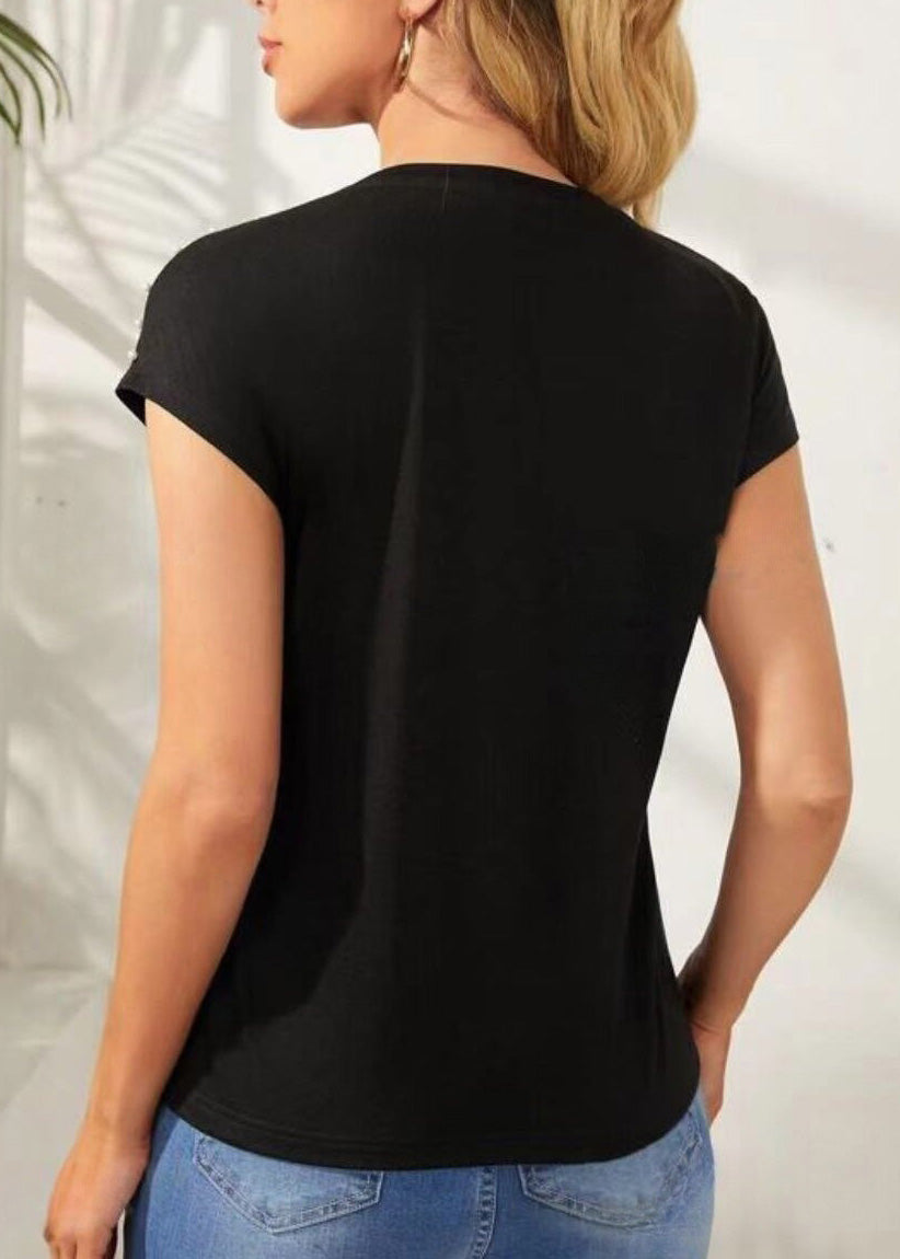 Original Design Black O-Neck Nail Bead Cotton T Shirts Summer