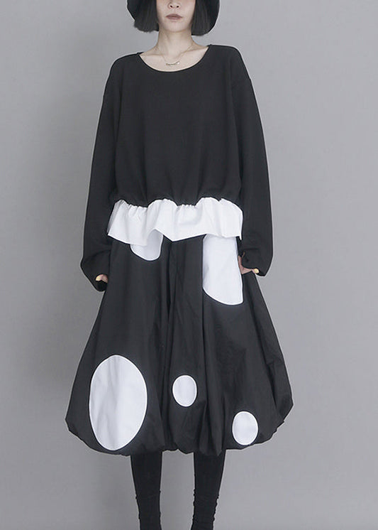 Original Design Black O Neck Patchwork False Two Pieces Cotton Top Spring