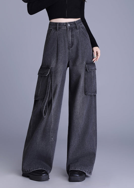 Original Design Black Pockets High Waist Denim Wide Leg Pants Spring