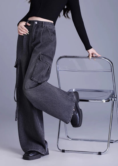 Original Design Black Pockets High Waist Denim Wide Leg Pants Spring