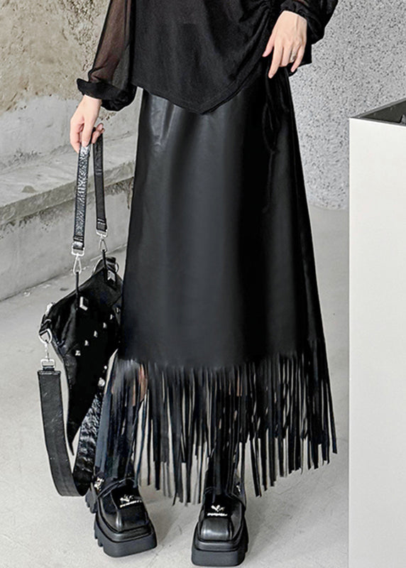 Schwarze Maxi-Röcke aus Kunstleder mit Patchwork-Quasten und Taschen im originellen Design für den Herbst