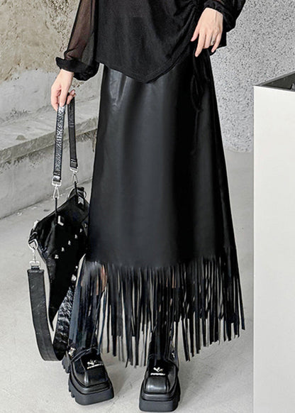 Schwarze Maxi-Röcke aus Kunstleder mit Patchwork-Quasten und Taschen im originellen Design für den Herbst