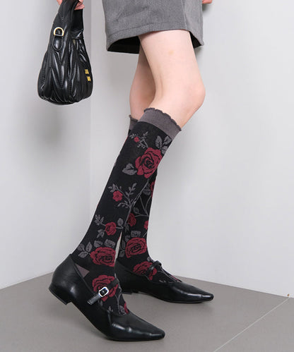 Calcetines por encima de la pantorrilla de algodón jacquard con diseño original de rosas negras