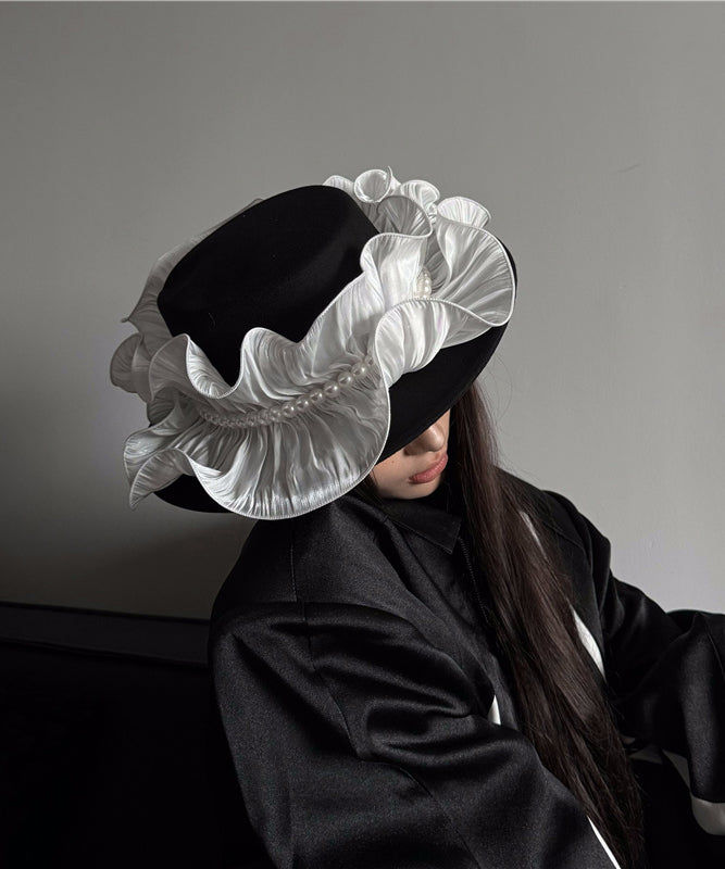 Original Design Black Ruffled Nail Bead Woolen Cloche Hat