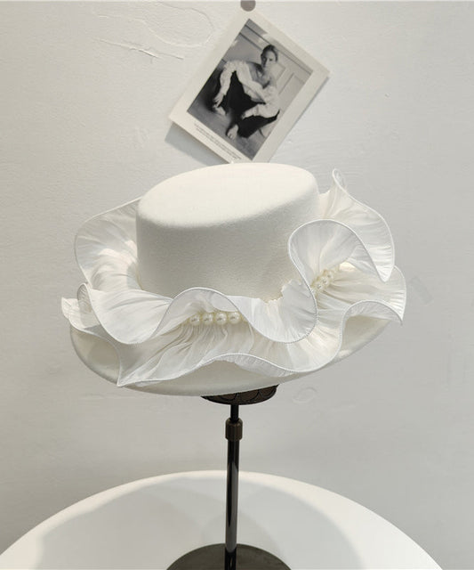 Original Design Black Ruffled Nail Bead Woolen Cloche Hat