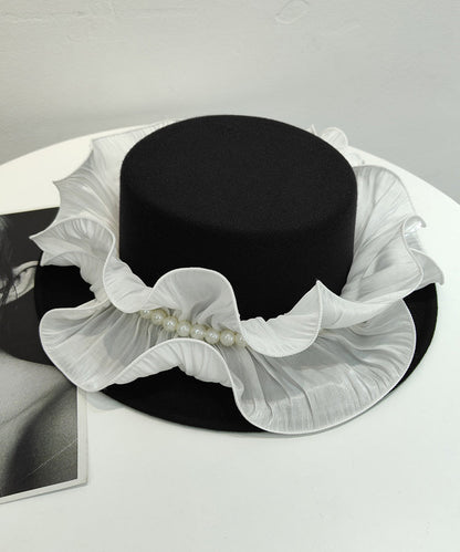 Original Design Black Ruffled Nail Bead Woolen Cloche Hat