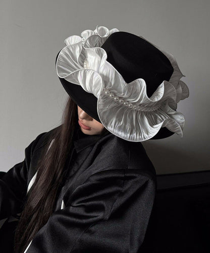 Original Design Black Ruffled Nail Bead Woolen Cloche Hat