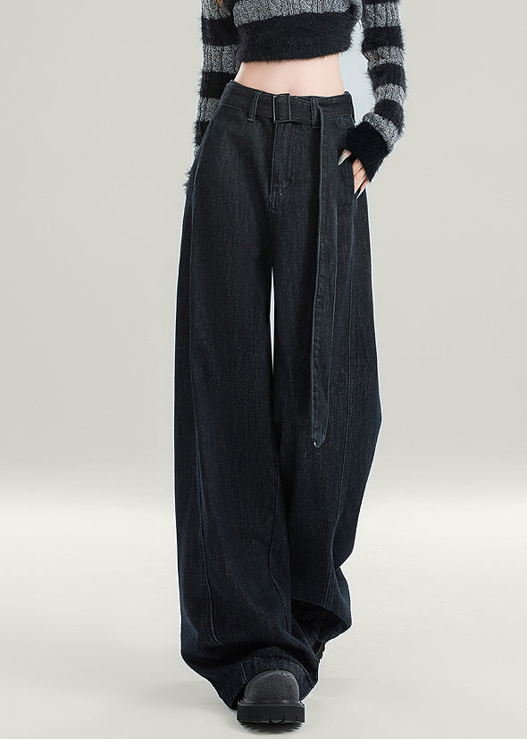 Original Design Schwarze Schärpen High Waist Warm Fleece Jeans