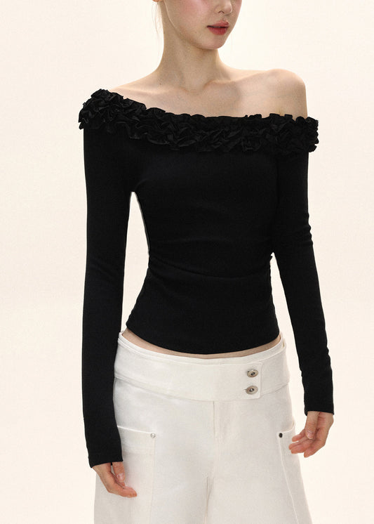 Original Design Black Slash Neck Wrinkled Patchwork Slim Top Fall