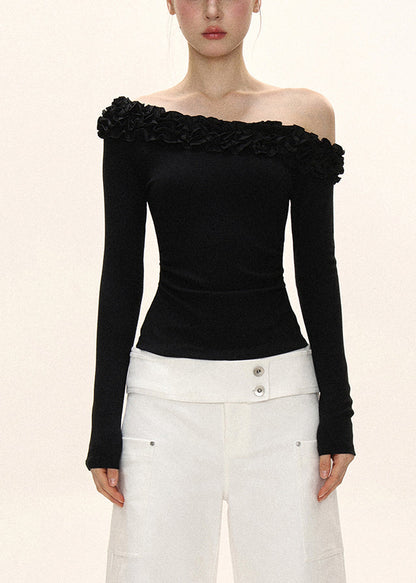 Original Design Black Slash Neck Wrinkled Patchwork Slim Top Fall