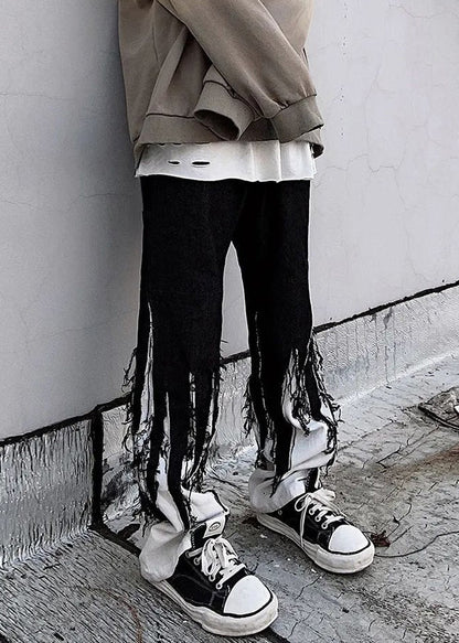 Original Design Black Tasseled Elastic Waist Denim Mens Pants Spring