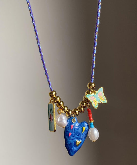 Collar con colgante de mariposa de amor con esmalte de goteo de aleación azul de diseño original