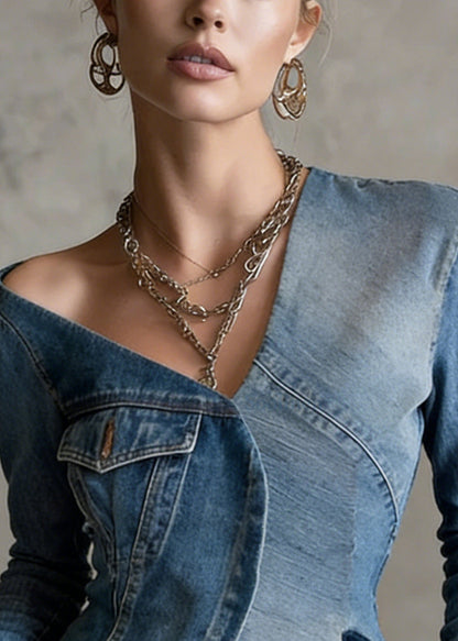 Original Design Blue Asymmetrical Patchwork Denim Coats Spring