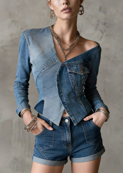Original Design Blue Asymmetrical Patchwork Denim Coats Spring