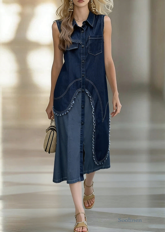 Original Design Blue Asymmetrical Patchwork Shirts Dress Sleeveless