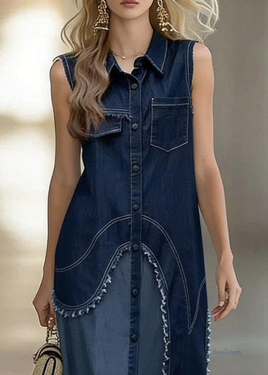 Original Design Blue Asymmetrical Patchwork Shirts Dress Sleeveless