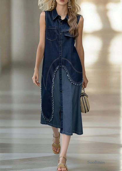 Original Design Blue Asymmetrical Patchwork Shirts Dress Sleeveless