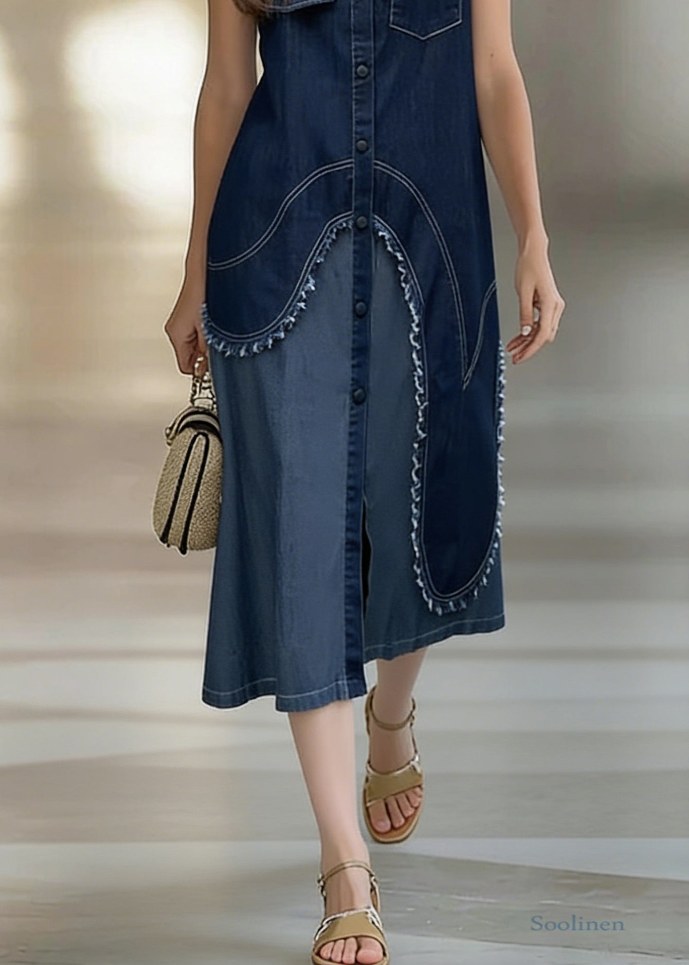 Original Design Blue Asymmetrical Patchwork Shirts Dress Sleeveless