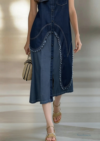 Original Design Blue Asymmetrical Patchwork Shirts Dress Sleeveless