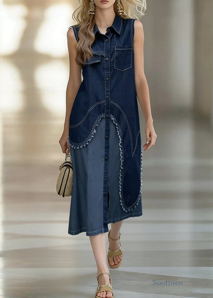 Original Design Blue Asymmetrical Patchwork Shirts Dress Sleeveless