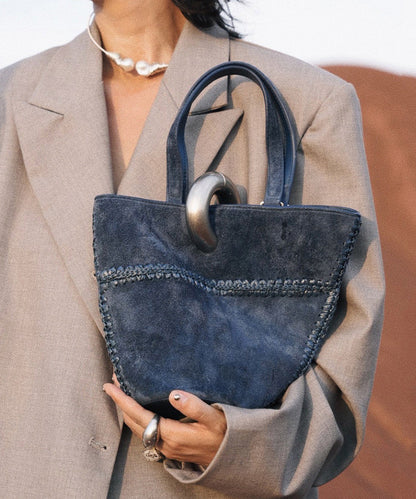 Original Design Blue Calf Leather Suede Bucket Bag