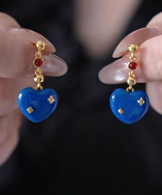 Pendientes colgantes con diseño original de aleación de cobre azul y esmalte esmaltado con forma de gota de amor.