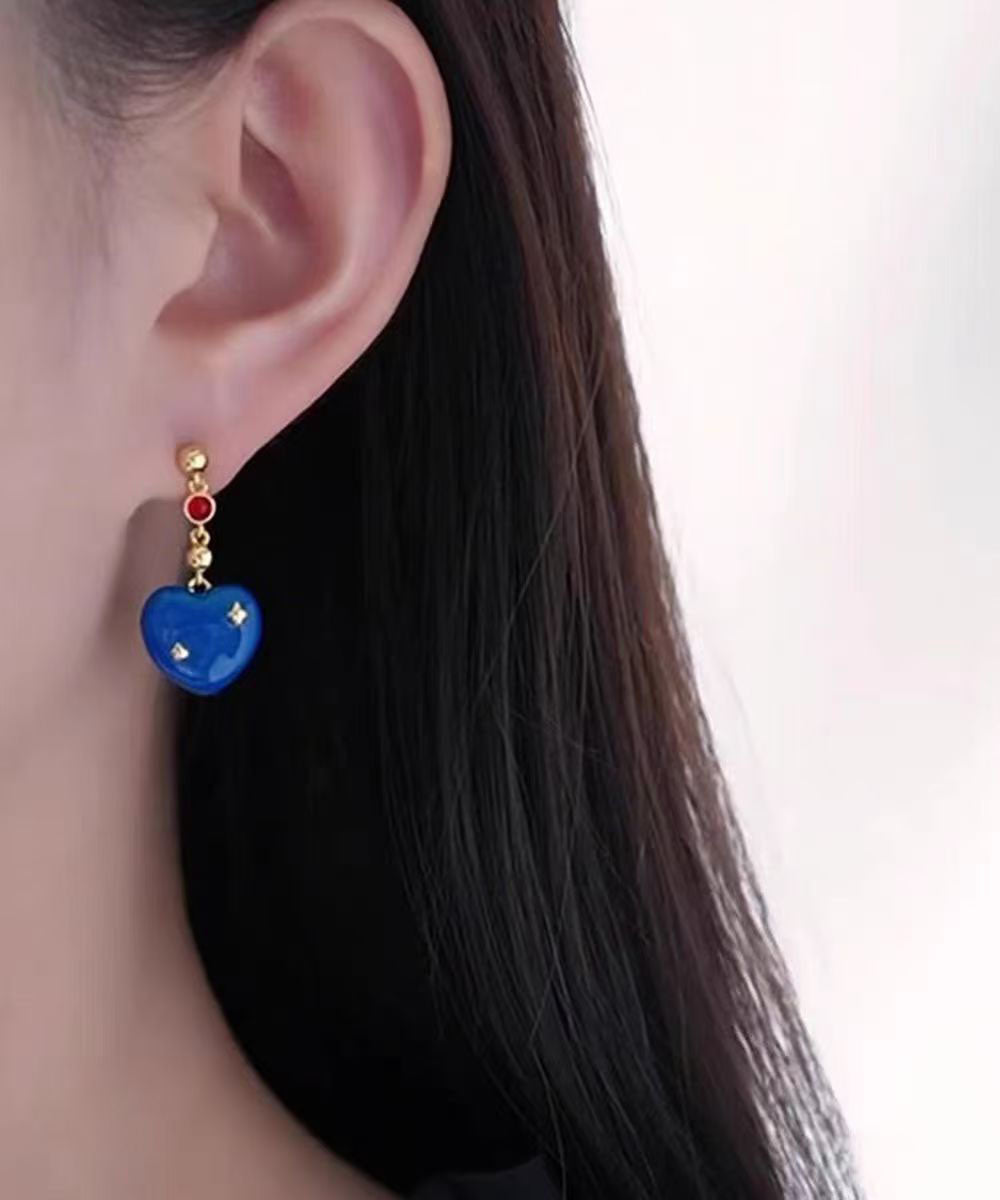 Pendientes colgantes con diseño original de aleación de cobre azul y esmalte esmaltado con forma de gota de amor.