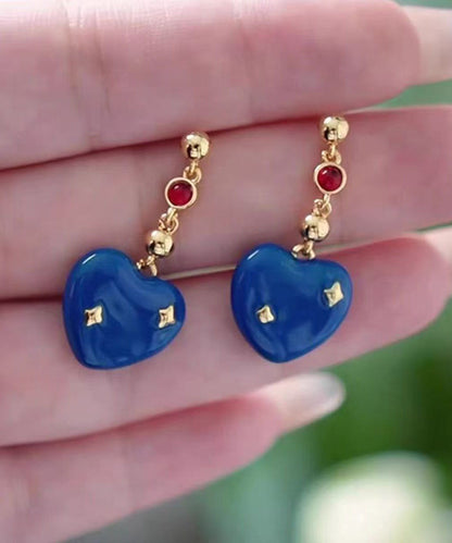Pendientes colgantes con diseño original de aleación de cobre azul y esmalte esmaltado con forma de gota de amor.