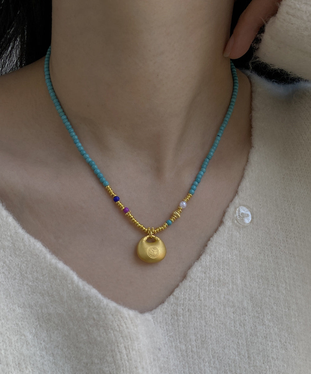 Original Design Blue Copper Overgild Turquoise Pendant Necklace