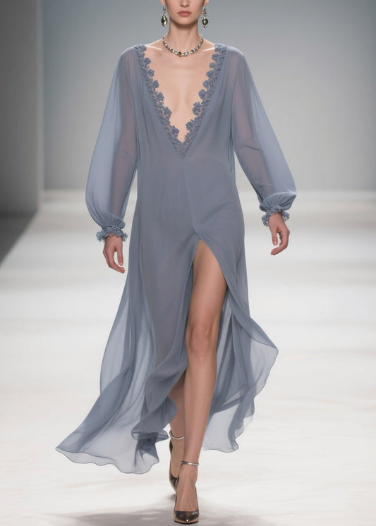 Original Design Blue Lace Side Open Solid Long Dress Lantern Sleeve