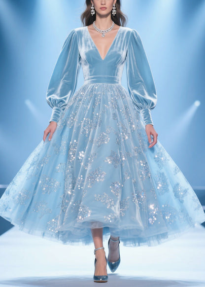 Original Design Blue Print Patchwork Silk Velvet Party Dress Spring