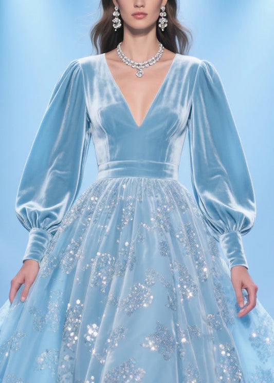 Original Design Blue Print Patchwork Silk Velvet Party Dress Spring