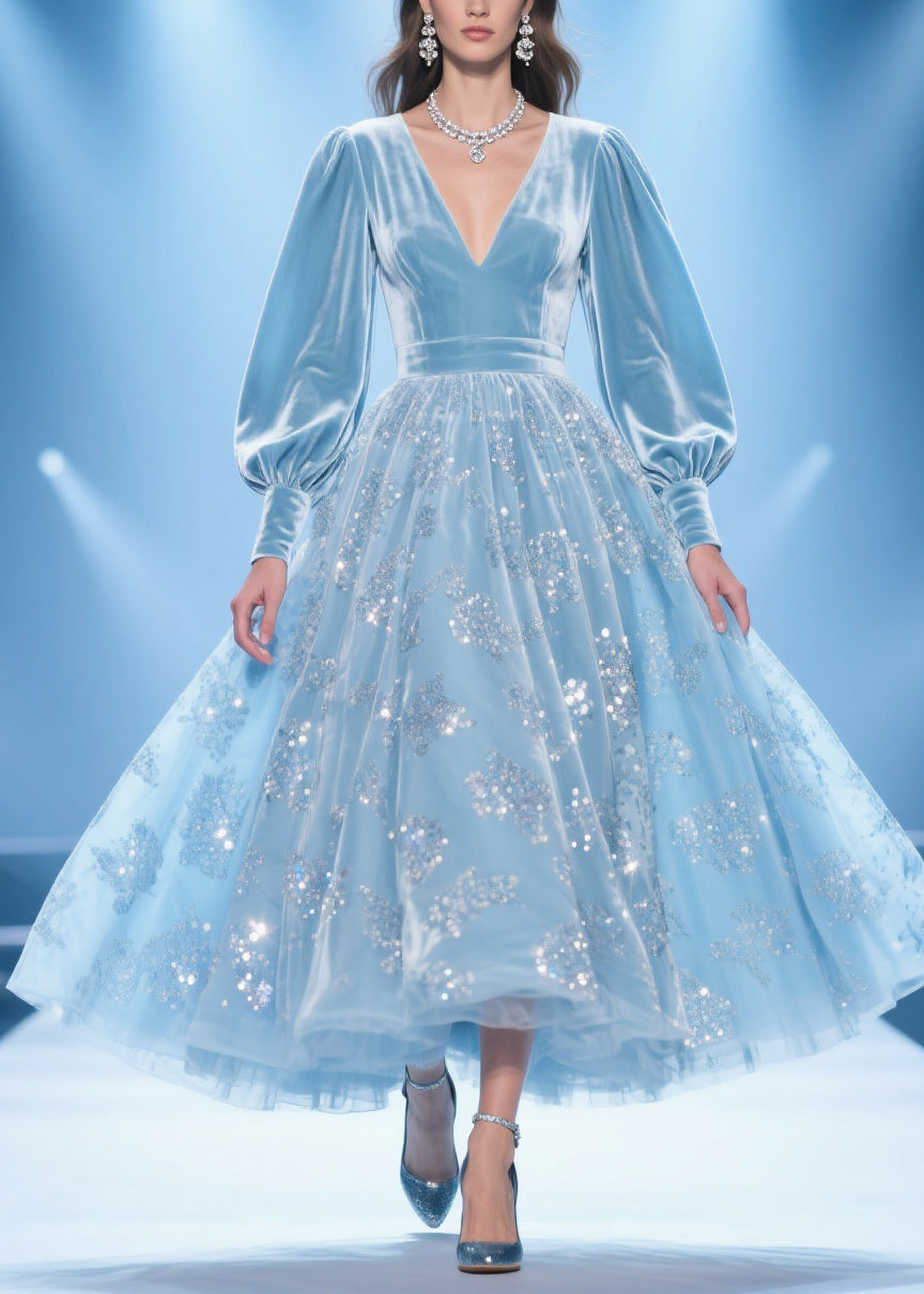 Original Design Blue Print Patchwork Silk Velvet Party Dress Spring