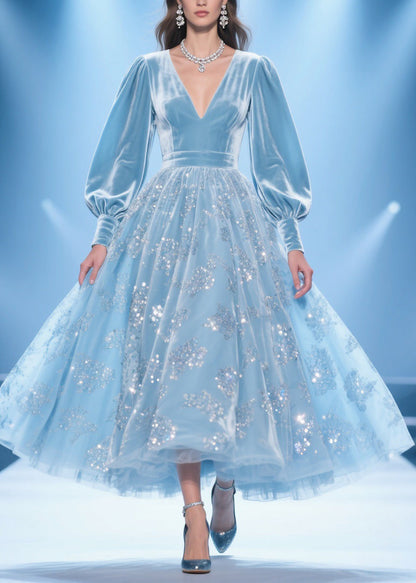 Original Design Blue Print Patchwork Silk Velvet Party Dress Spring