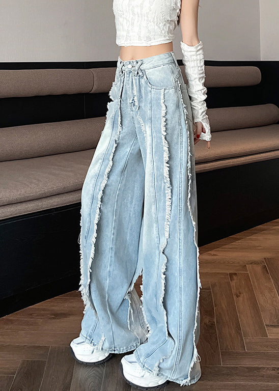 Pantalones vaqueros de cintura alta con bolsillos y bordes sin rematar en azul, diseño original, primavera