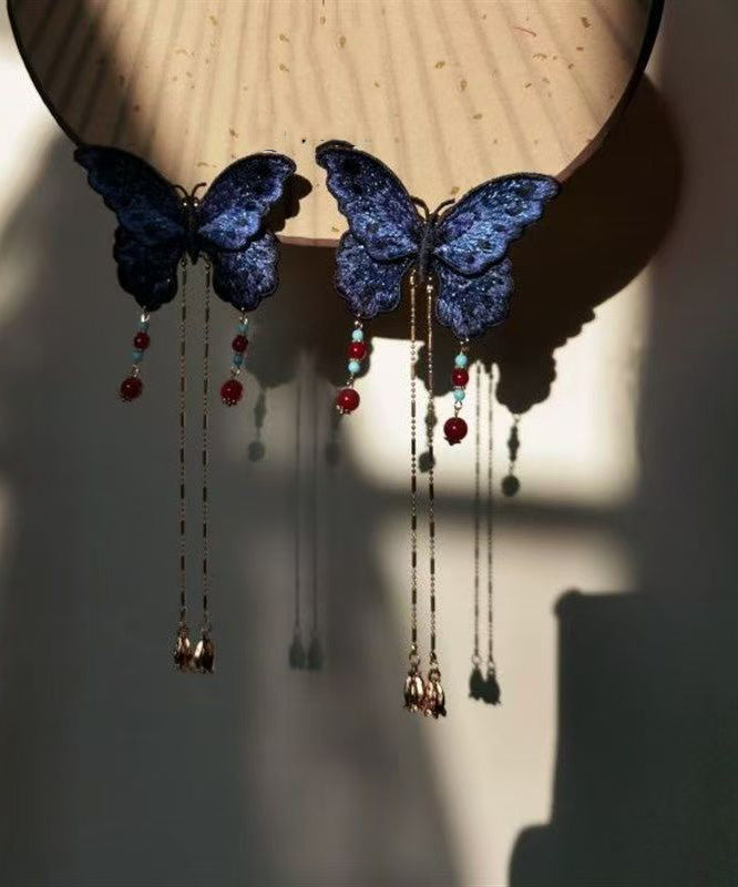 Horquilla con borla de mariposa bordada con sobredorado en plata de ley azul de diseño original