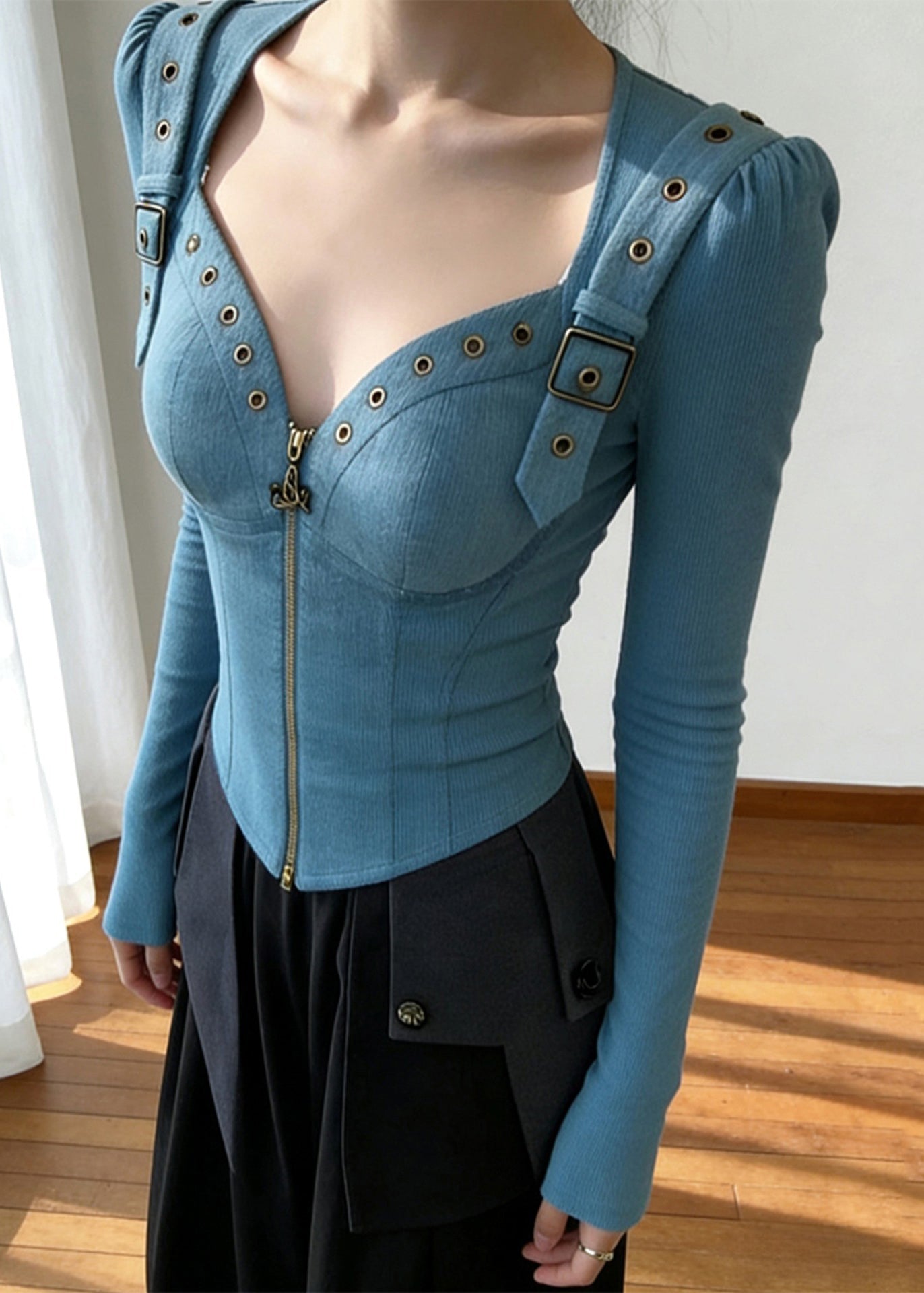 Original Design Blue Zip Up Patchwork Cotton Shirt Spring