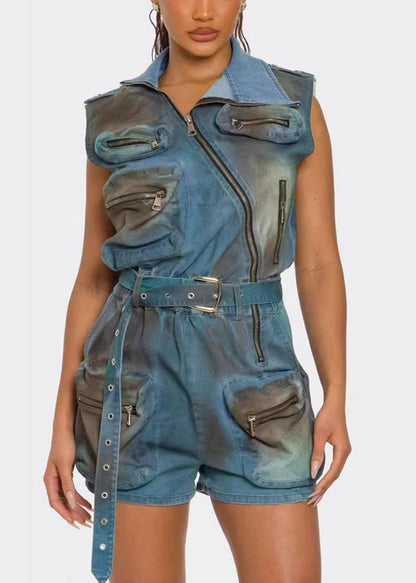 Original Design Blauer Denim-Overall mit Reißverschlusstaschen und Gürtel für den Sommer
