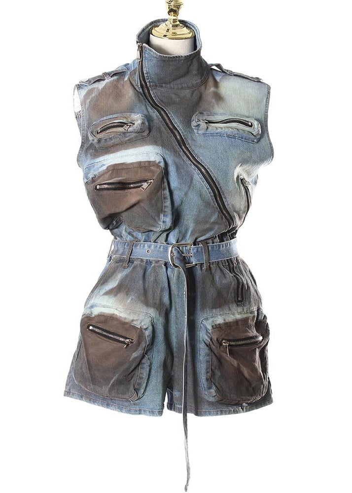Original Design Blauer Denim-Overall mit Reißverschlusstaschen und Gürtel für den Sommer