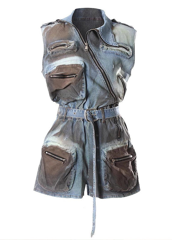Original Design Blauer Denim-Overall mit Reißverschlusstaschen und Gürtel für den Sommer