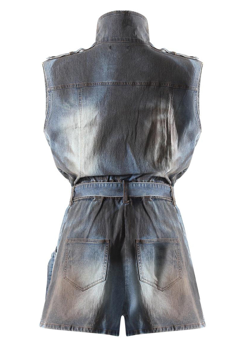 Original Design Blauer Denim-Overall mit Reißverschlusstaschen und Gürtel für den Sommer