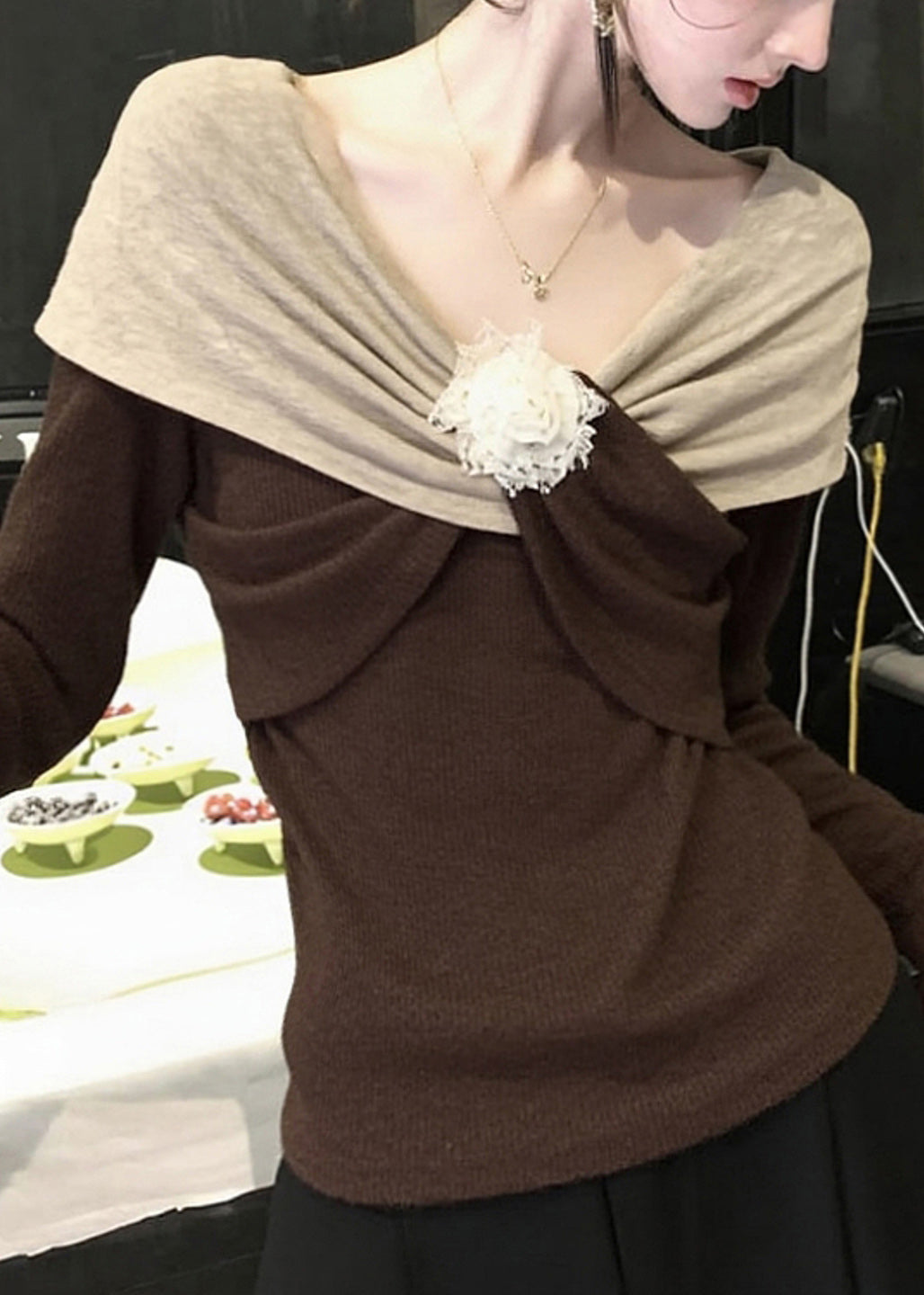 Suéteres de punto con diseño original de patchwork floral marrón para primavera