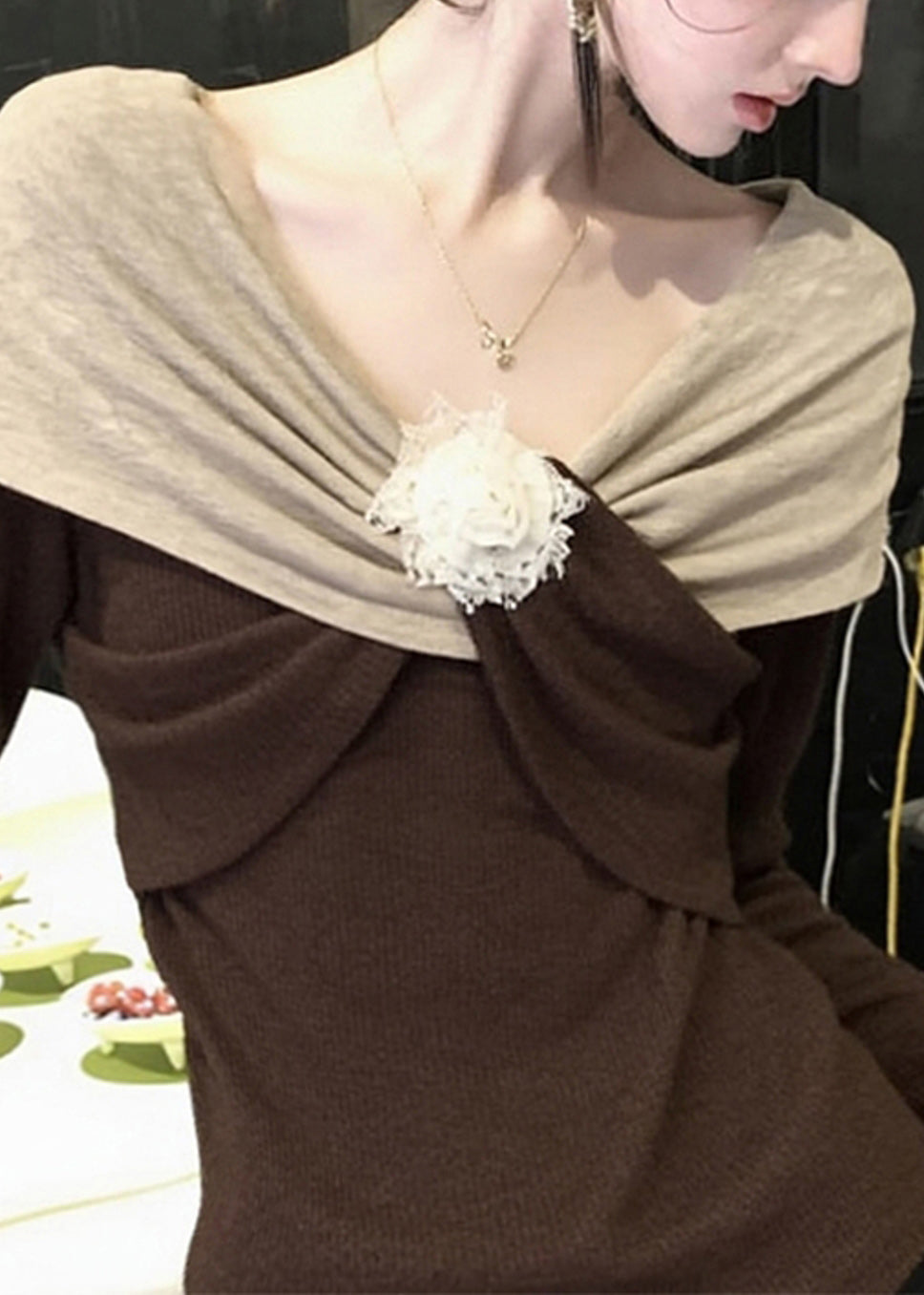 Suéteres de punto con diseño original de patchwork floral marrón para primavera