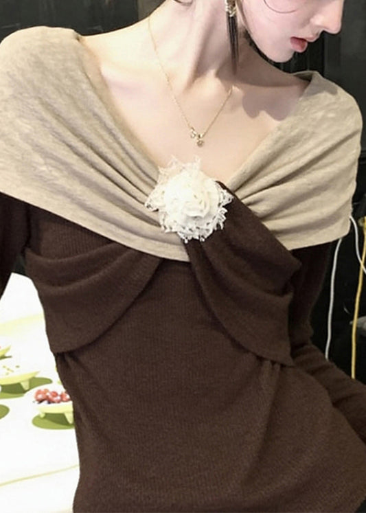 Suéteres de punto con diseño original de patchwork floral marrón para primavera